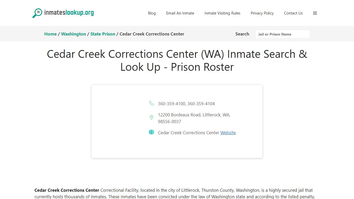 Cedar Creek Corrections Center (WA) Inmate Search & Look Up - Prison Roster