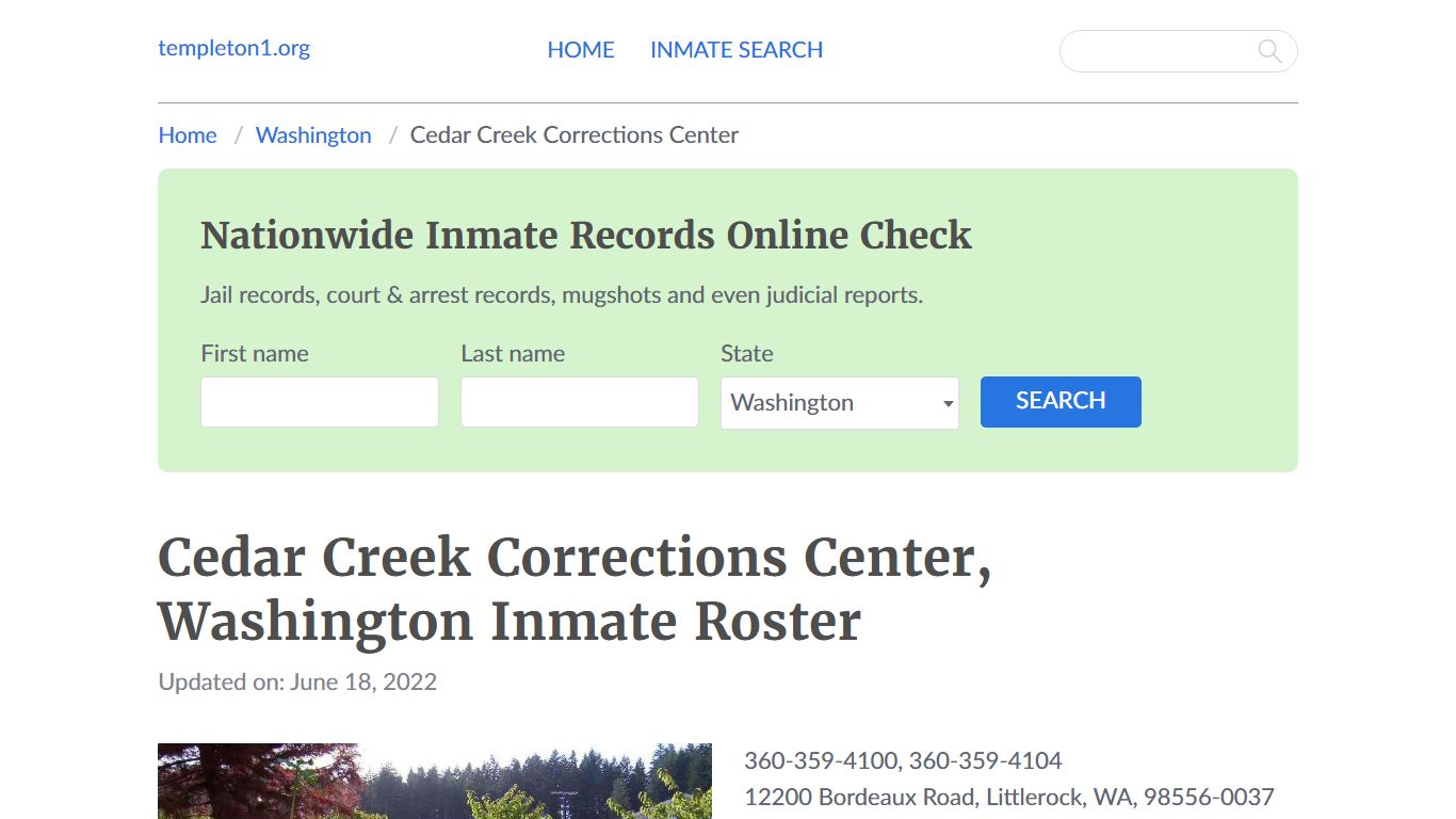 Cedar Creek Corrections Center, Washington Inmate Roster - Templeton